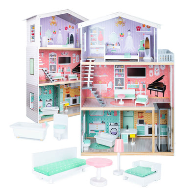 Casa de papusi cu 3 etaje, lift functional, 4 camere cu mobilier complet si accesorii, 117 cm, lemn MDF pastel